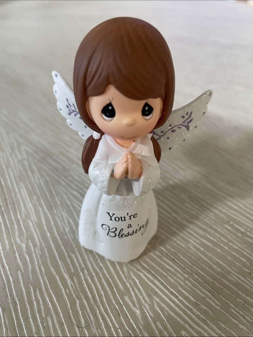 Precious Moments White Angel Figurine with Purple-Accented Wings